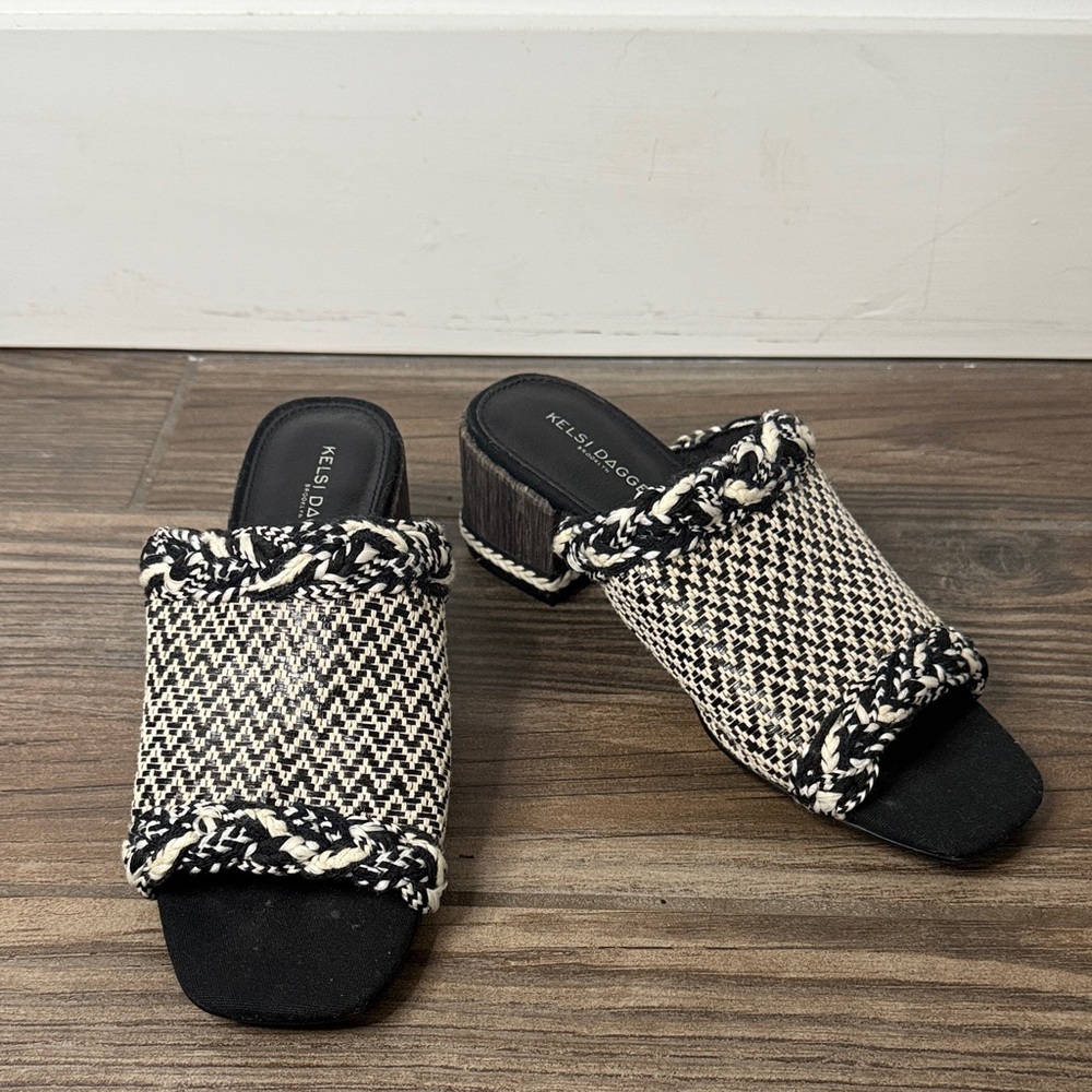Kelsi Dagger Black and White Woven Mules